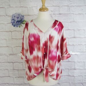 ZAC & RACHEL Size XL Watercolor Lace Trim Blouse Button Front Tie Hem